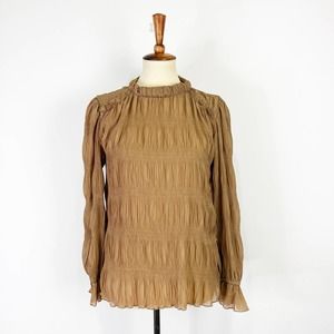 Sheer crinkle long sleeve high neck blouse tan beige neutral nude Size S/M